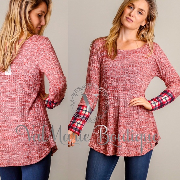 Autumn Red Plaid Ribbed Top - Picture 3 of 3